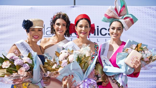 WINNING STYLES: Celebrating their Fashions on the Field wins at Clifford Park’s Melbourne Cup celebrations are (from left) Leigh Quinlan, judge Amanda Thurbin, Karen Wade and Cheryl-Lee Beaton.