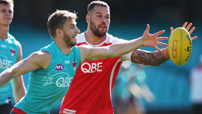 Kieren Jack and Lance Franklin at Sydney training. Picture: Phil Hillyard