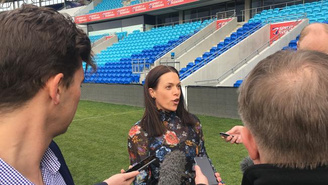 AFL Tasmania chief Trisha Squires talking to reporters after Gillon McLachlan's press conference at Bellerive Oval today. Picture: LUKE BOWDEN