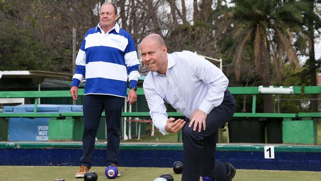 Treasurer Josh Frydenberg MP followed a press conference by playing some lawn bowls at Hawthorn Bowls Club on Sunday. Picture: NCA NewsWire/Brendan Beckett