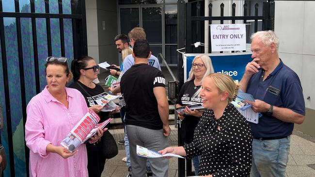 Labor Shellharbour MP Anna Watson (left) and Liberal candidate Mikayla Barnes (right) in Dapto on election day. Picture: Dylan Arvela