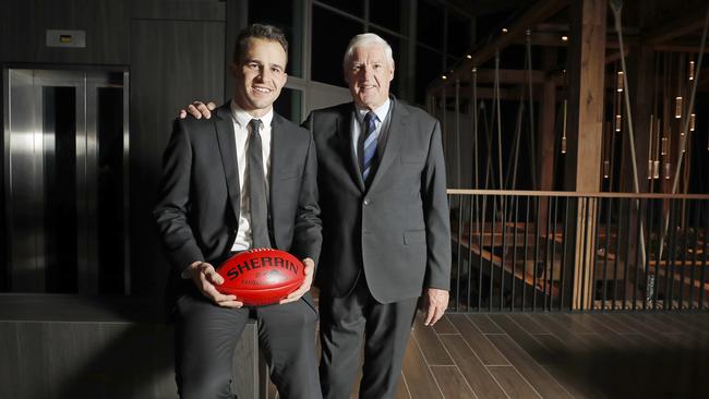 Local football legend Peter Hudson, right, with current Glenorchy star Jaye Bowden at the Glenorchy Football Club’s centenary dinner at Wrest Point earlier this year. Picture: PATRICK GEE