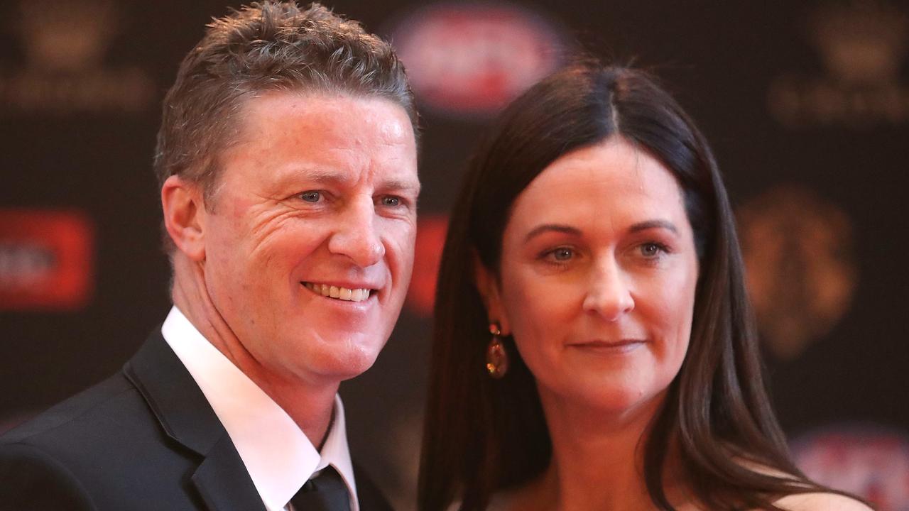 : Damien Hardwick, coach of the Tigers and his wife Danielle Hardwick arrive ahead of the 2017 Brownlow Medal at Crown Entertainment Complex on September 25, 2017 in Melbourne, Australia. (Photo by Scott Barbour/Getty Images)