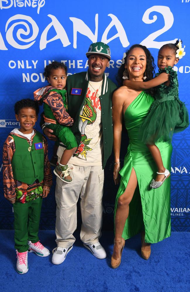 Nick Cannon poses with his wife Brittany Bell and three of this twelve kids at the ‘Moana 2’ premiere in Los Angeles. Picture: Alberto E. Rodriguez/Getty Images for Disney