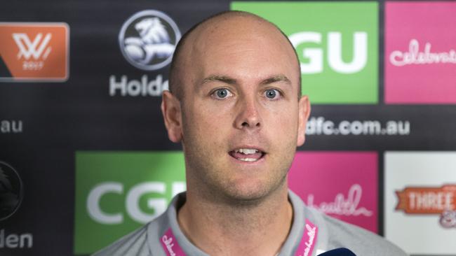 Collingwood FC women's team coach, Wayne Siekman speaks at presser at the Holden Centre, Olympic Boulevard in the lead up to game against Carlton at Princess Park. Picture: Sarah Matray