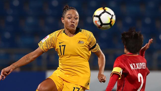 AMMAN, JORDAN - APRIL 10: Kyah Simon of Australia in action during the AFC Women's Asian Cup Group B match between Vietnam and Australia at the Amman International Stadium on April 10, 2018 in Amman, Jordan.  (Photo by Francois Nel/Getty Images)