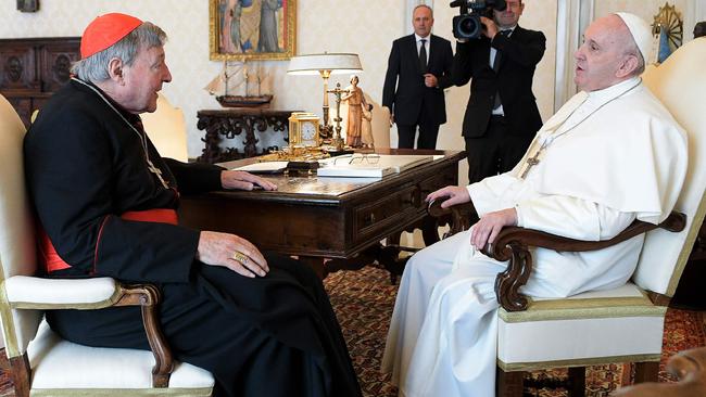 Pope Francis with George Pell after the cardinal returned to the Vatican in late 2020.