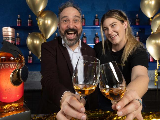 Founder David Vitale and Jane Dillon, packaging manager. Starward becomes 'most awarded' Australian distillery at San Fransisco International Spirits Awards 2024. This is the second time in two years the Port Melbourne whisky distillery has claimed the title of most medal wins on the international stage. Picture: Jason Edwards