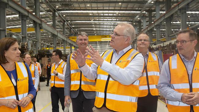 Deb Frecklington and Prime Minister Scott Morrison attend the official opening of the Rheinmetall Military Vehicle Centre of Excellence. Picture: Sarah Marshall