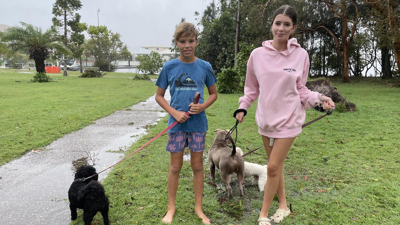 Checking out the damage their suburb on Saturday morning are Paradise Point's Jack Kirby, 11, and Kayla Kirby 14, walking their dogs. Picture: Kathleen Skene