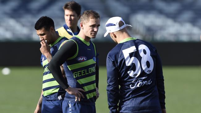 Joel Selwood, centre, with Gary Ablett and Tim Kelly at GMHBA Stadium. Picture: Alan Barber