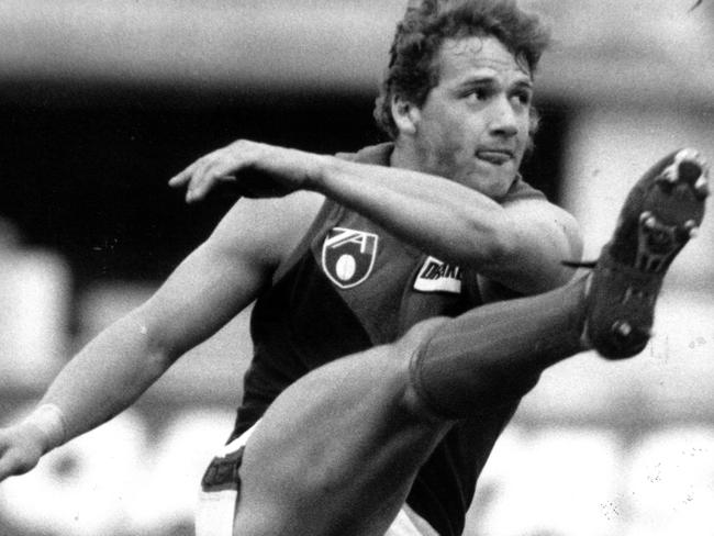 Jakovich kicks one of his 11 goals against North Melbourne in 1991. Picture: Supplied