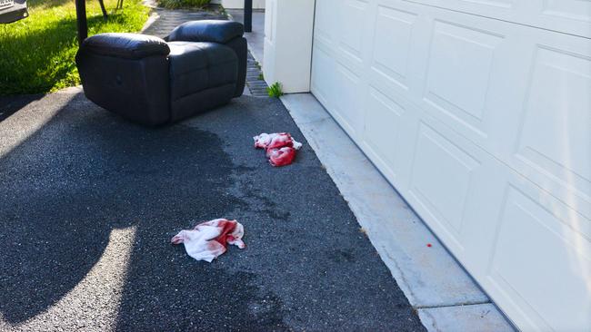 Bloodied towels at the scene of the attack in Littlehampton. Picture: Brenton Edwards / AAP