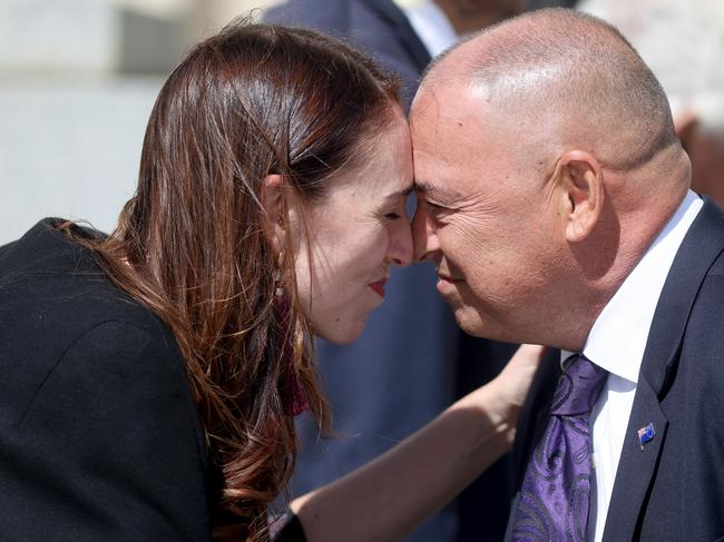 New Zealand Prime Minister Jacinda Ardern shares a hongi with Cook Islands Prime Minister Mark Brown during a powhiri at the Auckland War Memorial Museum. Picture: Getty Images