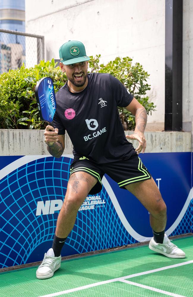 Kyrgios plays Frances Tiafoe and Naomi Osaka in a fun match of pickeball. Picture: Mark Stewart