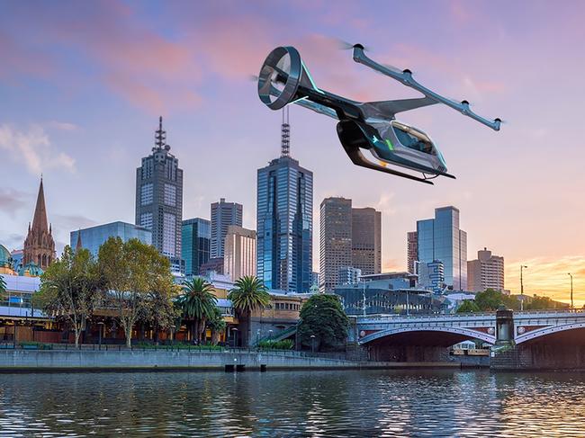 A supplied digital render obtained on Wednesday, June 12, 2019, of a proposed Uber Air aircraft. Melbourne will join Dallas and Los Angeles as the third city to test Uber Air flights from 2020, with plans for commercial operations to start from 2023. (AAP Image/Supplied, Uber) NO ARCHIVING, EDITORIAL USE ONLY