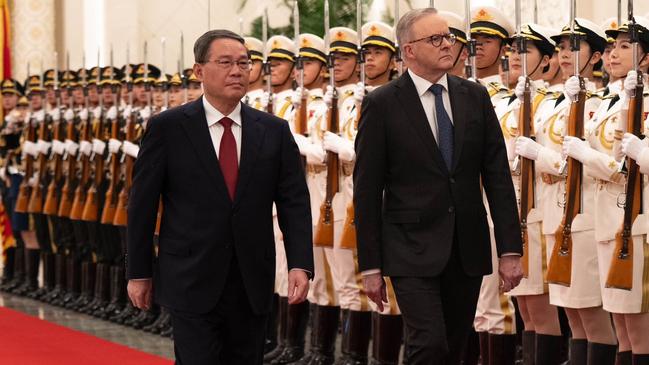 Anthony Albanese with Chinese Premier Li Qiang at the Great Hall of the People in Beijing on Tuesday. Picture: PMO