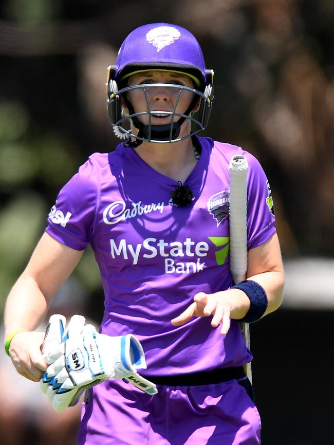 BRISBANE, AUSTRALIA — OCTOBER 26: Heather Knight of the Hurricanes looks dejected after losing her wicket during the Women's Big Bash League match between the Adelaide Strikers and the Hobart Hurricanes at Allan Border Field on October 26, 2019 in Brisbane, Australia. (Photo by Bradley Kanaris/Getty Images)