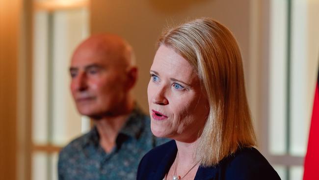 Deputy Chief Minister Nicole Manison outlines the NTG's response to the Brisbane COVID-19 case which a hotel quarantine worker tested positive to the UK COVID-19 strain. Picture: GLENN CAMPBELL