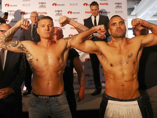 BOXING - MUNDINE V GREEN WEIGH IN at Adelaide Oval. Danny Green and Anthony Mundine face off after weigh in. Picture Sarah Reed