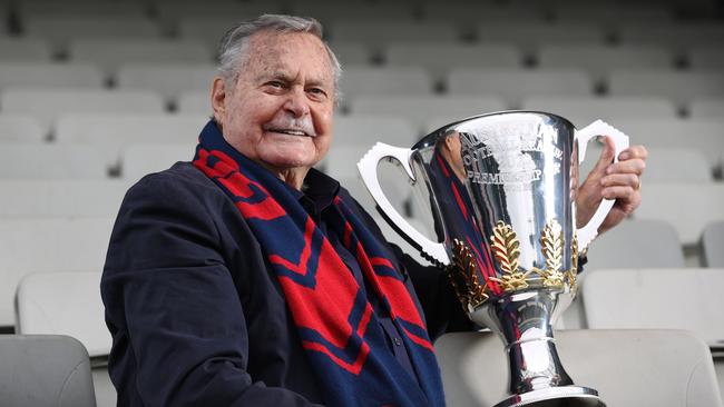 Finals are back the MCG. Football legend Ron Barassi is looking forward for his beloved Melbourne Demons to take home the 2022 Premiership Cup. Ron holds the 2022 AFL Premiership Cup on the MCG.               Picture: David Caird