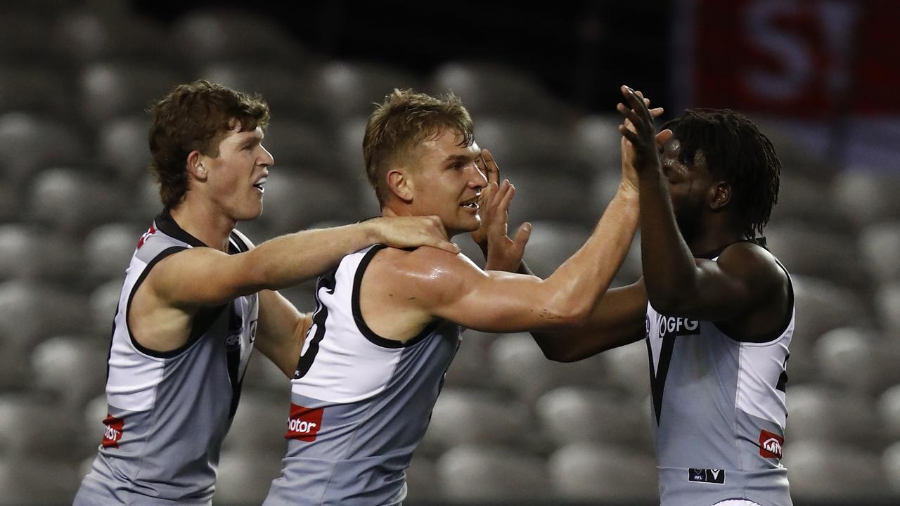 Ollie Wines celebrates a goal as Port Adelaide reclaimed a spot in the top four with a win against St Kilda at Marvel Stadium. Picture: Getty Images