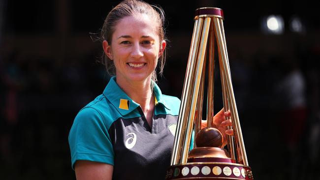 Rachael Haynes with the women's Ashes trophy at the announcement that she will be the Australian Women's stand in cricket captain for the Ashes Test in November. Picture. Phil Hilyard