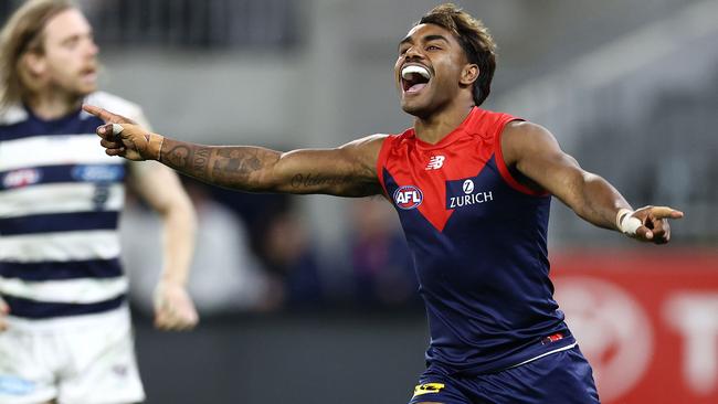 Kysaiah Pickett celebrates a goal in Melbourne’s preliminary final romp. Picture: Michael Klein.