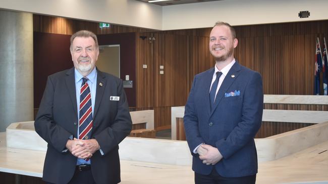 Ipswich councillors Paul Tully and Andrew Fechner inside the new council chambers at 1 Nicholas Street.