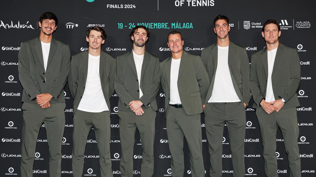 Alexei Popyrin, Alex de Minaur, Jordan Thompson, Lleyton Hewitt, Captain of Team Australia, Thanasi Kokkinakis and Matthew Ebden . (Photo by Matt McNulty/Getty Images for ITF)