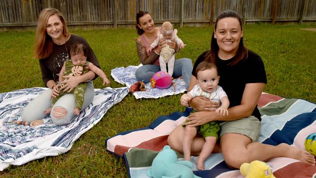 Mothers support group. Kate Mikaele Ah-Kuoi with Roman, 4 months, Kayla Stephens with Mahina, 6 months, and Lauren Clayton with Kai, 6 months. Picture: Evan Morgan