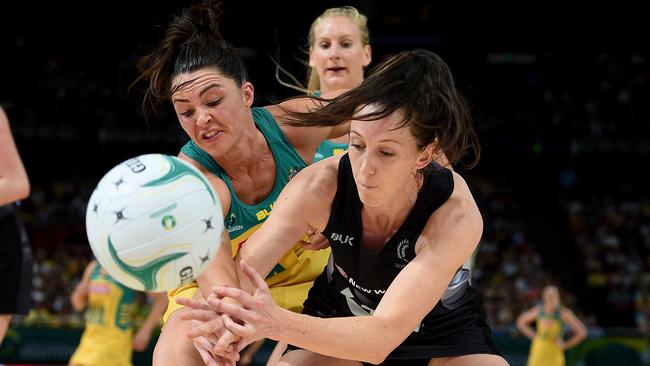 Sharni Layton competes for the ball with Bailey Mes of the Silver Ferns during game 1 of the Constellation Cup in October last year. Pic: AAP