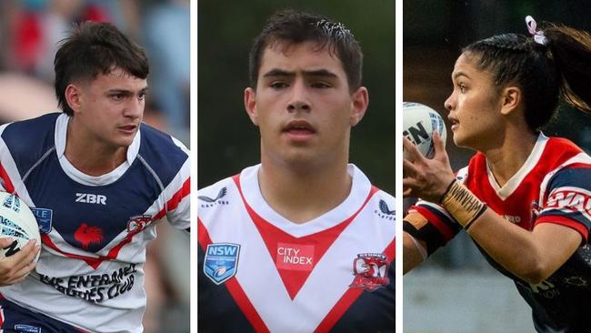 Roosters junior rep players Darcy Smith, Zach Fittler and Imogen Hei. Picture: Sue Graham/Jeremy Ng/Tom Lisson