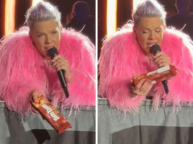 Pink given Tim Tams by fan at Melbourne show.