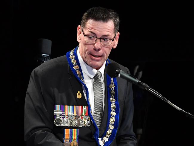 Townsville Mayor Troy Thompson delivering his address at the 2024 Anzac Day Dawn Service at Anzac Park, The Strand. Picture: Evan Morgan