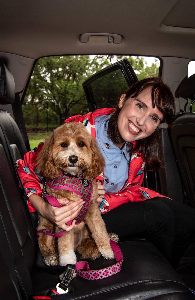 Yvette Cormack with her one-year-old cavoodle Leilani in an Uber. Picture: Monique Harmer