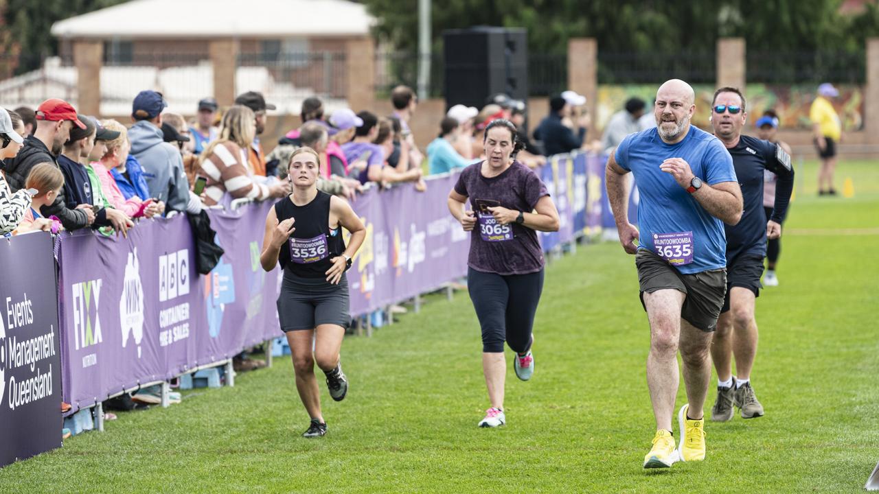 Runners in the 10km event finish strongly at the Toowoomba Marathon event, Sunday, May 5, 2024. Picture: Kevin Farmer