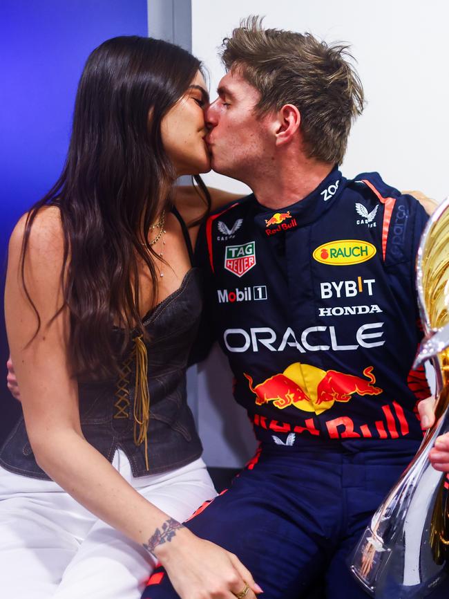 Max Verstappen and Kelly Piquet pose in Abu Dhabi. Photo by Mark Thompson/Getty Images.