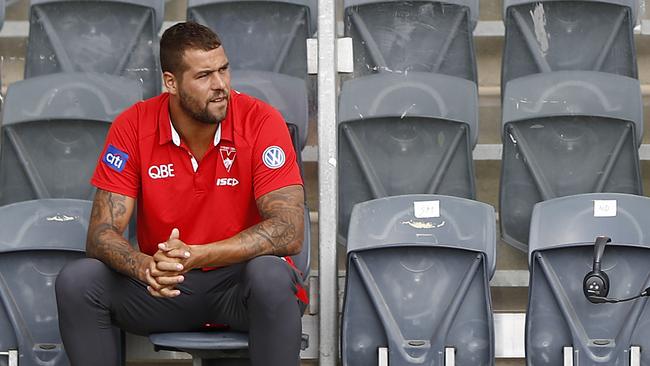 Lance Franklin watches on from the boundary. Picture: Getty Images