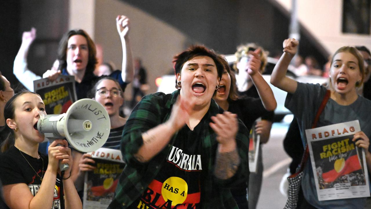 Some came close to scuffles as the groups were separated outside the convention centre. Picture: NCA NewsWire / John Gass