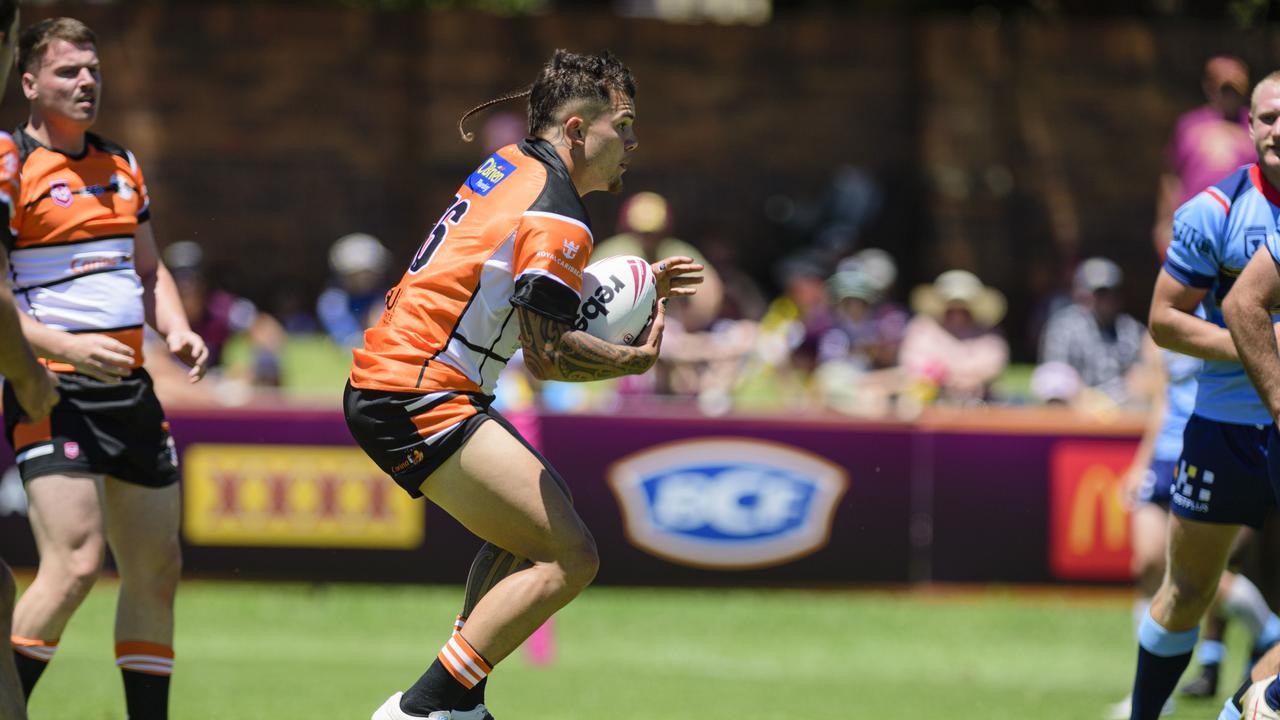 Zaen Edmonds of Carina Brisbane Tigers against Western Clydesdales in pre-season Host Plus rugby league at Toowoomba Sports Ground, Sunday, February 16, 2025. Picture: Kevin Farmer