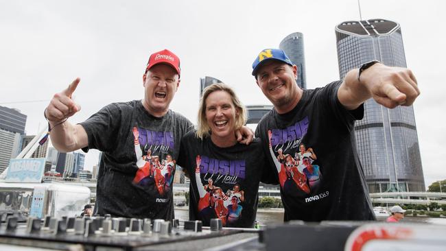 Susie O'Neill live on air for the last time with Ash and Luttsy at South bank before retiring from her radio job with Nova. Picture Lachie Millard