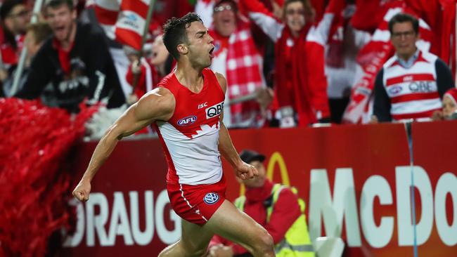 Xavier Richards celebrates a goal against the Crows in the semi-final. Picture: Phil Hillyard