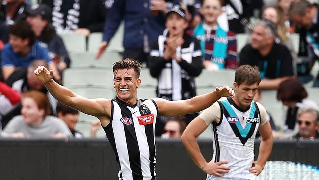 MELBOURNE . 25/03/2023. AFL Round 2. Collingwood vs Port Adelaide at the MCG. Nick Daicos celebrates a 2nd qtr goal . Pic: Michael Klein