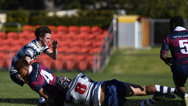 St Marys College’s De la Salle Va'a, No.8, makes a tackle. Picture: Kevin Farmer