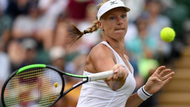 Netherlands’ Kiki Bertens on her way to beating seventh-seeded Karolina Pliskova in the fourth round at Wimbledon. Picture: AFP