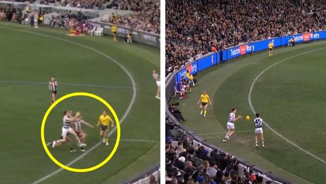 Different views of some of the contentious Jeremy Cameron incidents against Collingwood. Photos: Fox Sports