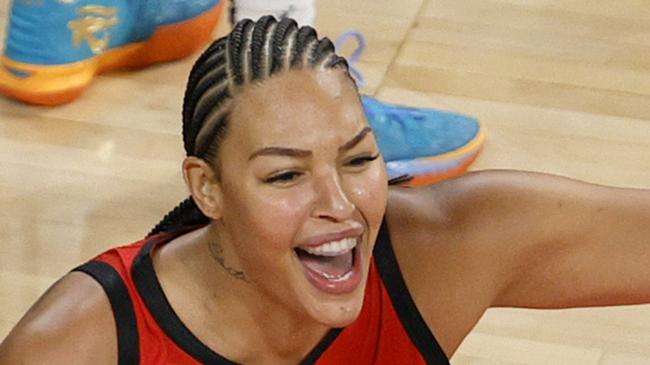 LAS VEGAS, NEVADA - JUNE 27:  Liz Cambage #8 of the Las Vegas Aces reacts after an official's call on an out-of-bounds play near the end of the fourth quarter against the Seattle Storm at Michelob ULTRA Arena on June 27, 2021 in Las Vegas, Nevada. The Aces defeated the Storm 95-92 in overtime. NOTE TO USER: User expressly acknowledges and agrees that, by downloading and or using this photograph, User is consenting to the terms and conditions of the Getty Images License Agreement.  (Photo by Ethan Miller/Getty Images)