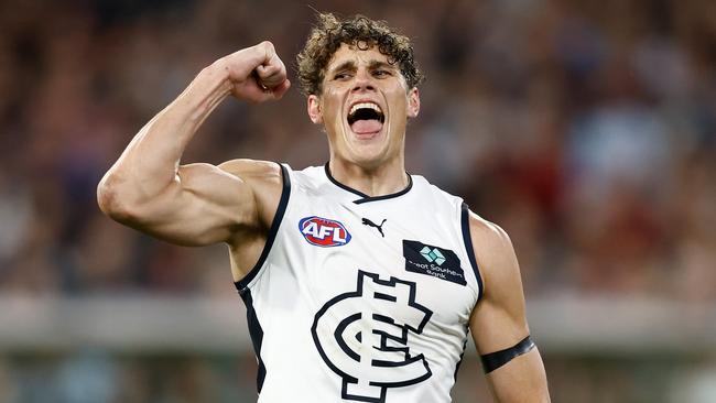 MELBOURNE, AUSTRALIA - SEPTEMBER 15: Charlie Curnow of the Blues celebrates a goal during the 2023 AFL First Semi Final match between the Melbourne Demons and the Carlton Blues at Melbourne Cricket Ground on September 15, 2023 in Melbourne, Australia. (Photo by Michael Willson/AFL Photos via Getty Images)