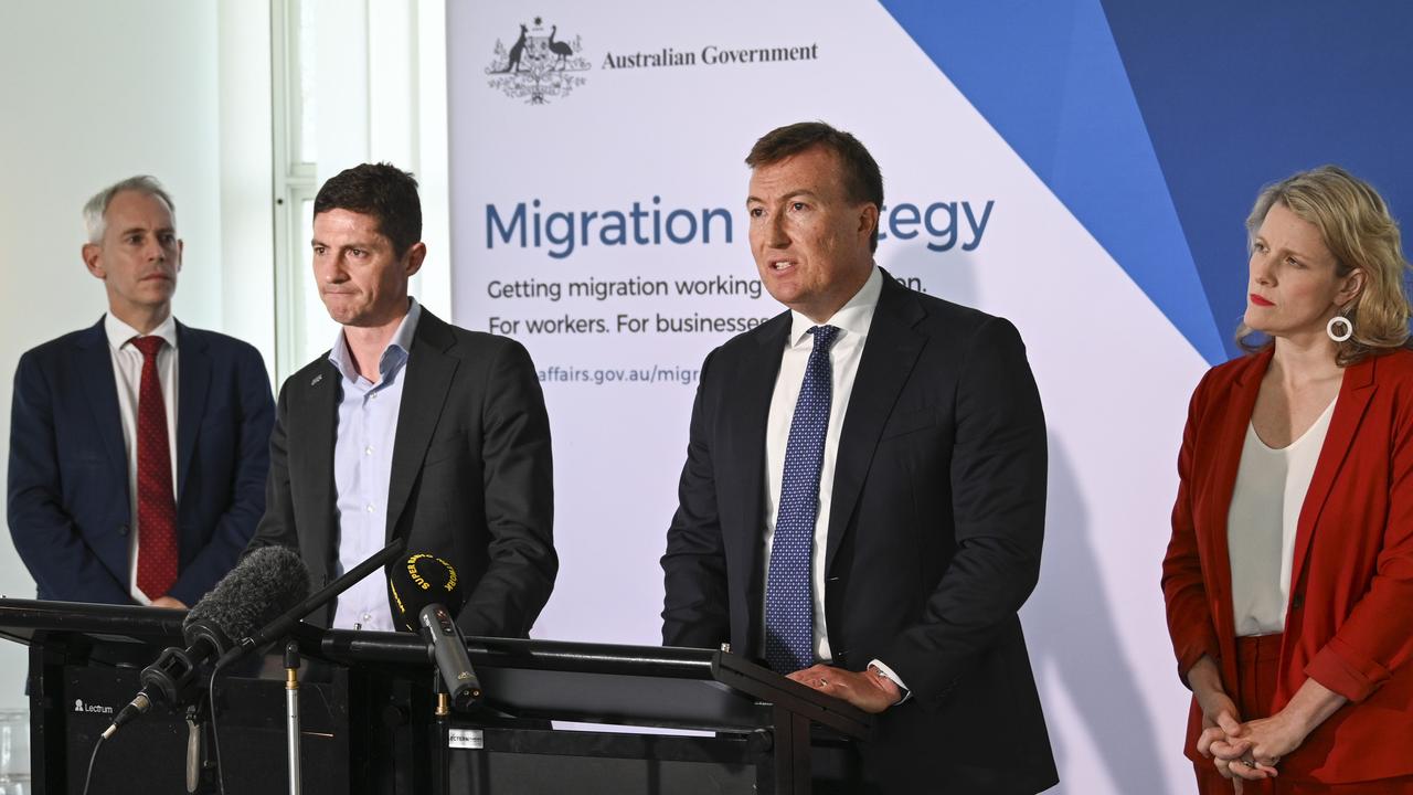 ACTU assistant secretary Liam O’Brien and Business Council of Australia chief executive Bran Black joined the line-up at the launch of the government’s migration strategy. Picture: NCA NewsWire / Martin Ollman